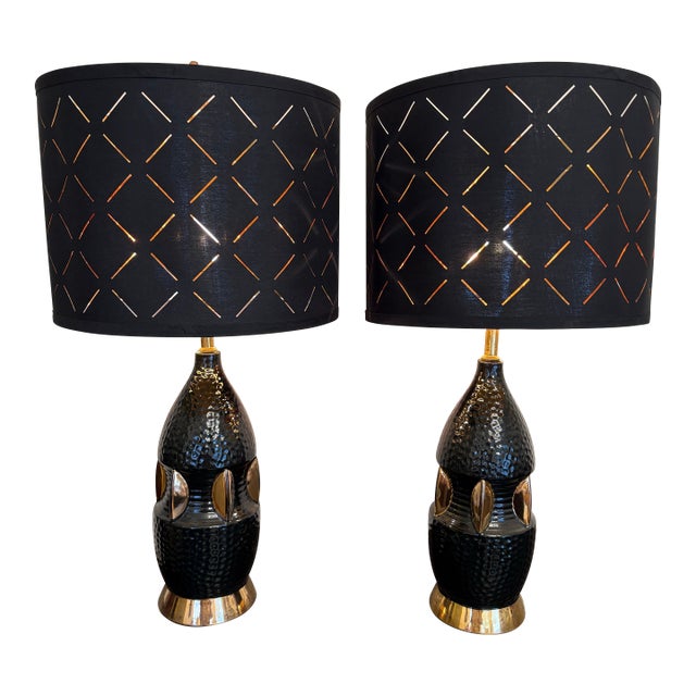 1950's Atomic Black and Gold Ceramic Lamps - A Pair For Sale