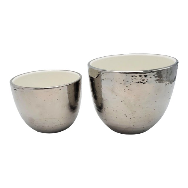 Vintage Bitossi Italian Platinum Silver Ripple Glaze Ceramic Vases- Set of 2 For Sale