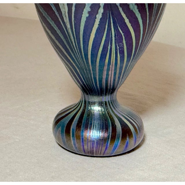 1980s Vintage Miniature Hand Blown Pulled Feather Blue Iridescent Studio Glass Vase For Sale - Image 5 of 10