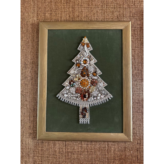 1970s large framed tree art made using costume jewelry on muted green velvet background in gold painted wood frame....