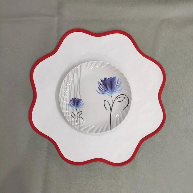 Not Yet Made - Made To Order Handmade Round Scalloped Placemats, White with Red Piping - Set of 4 For Sale - Image 5 of 9
