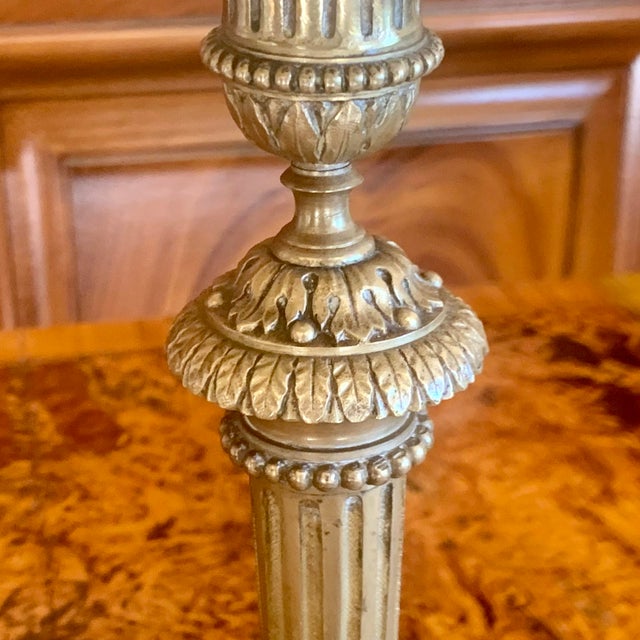 Pair of Louis XVI Period Candlestick Lamps With Marbleized Shades For Sale - Image 6 of 15