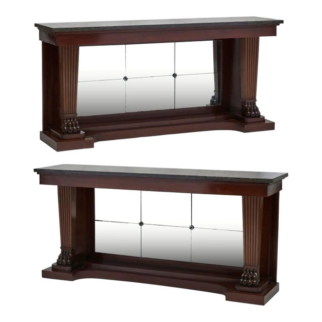 Pair, Monumental Neoclassical Carved, Mirrored Back & Marble Top Console Tables For Sale