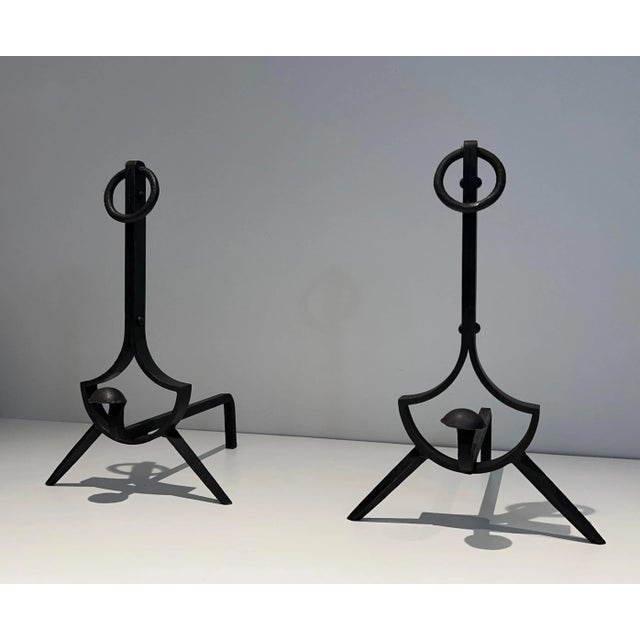 Modernist Cast Iron and Wrought Iron Andirons - A Pair For Sale - Image 6 of 12