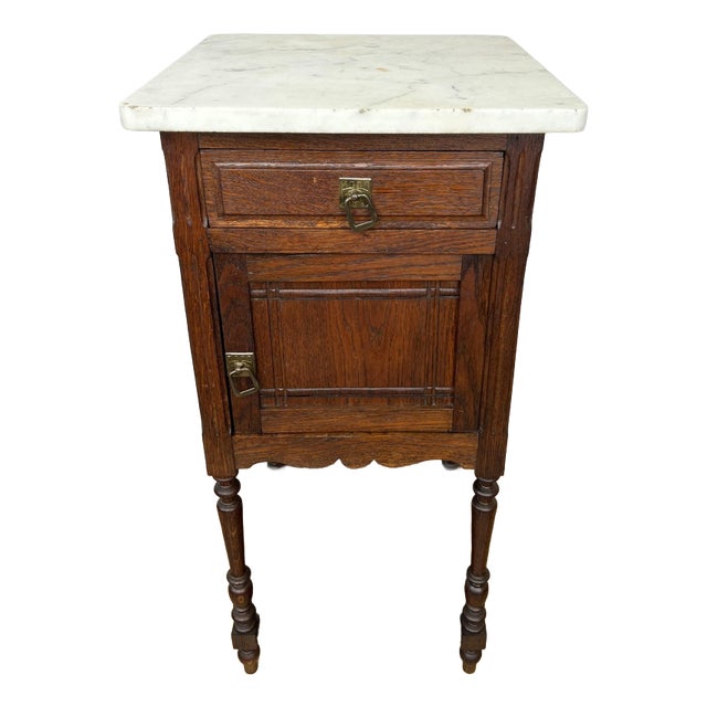 Antique French Oak Bedside Table with Marble Top For Sale