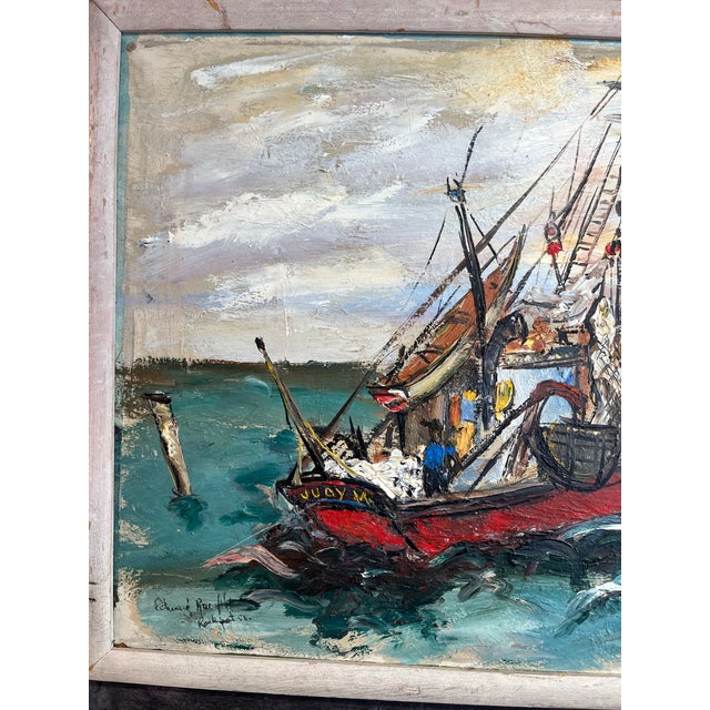 1950s 1950s Mid Century Acrylic on Board Painting of a Boat at Sea For Sale - Image 5 of 12