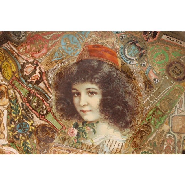 Vintage Folk Art/Tramp Art Tobacciana Cigar Band Decoupage Glass Decorative Bowl For Sale - Image 10 of 15