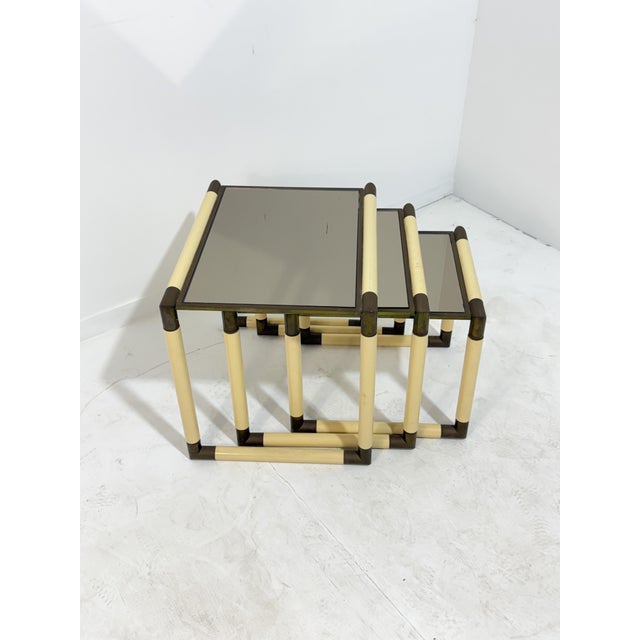 Enameled Metal and Brass Coffee Tables in the style of Tommaso Barbi, 1970, Set of 3 For Sale - Image 9 of 17