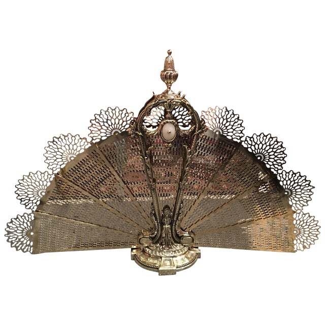 French Polished Brass Fan Fireplace Screen With A Mother Of Pearl