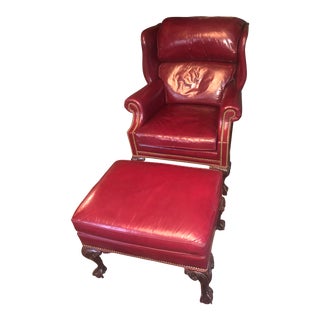 Red Leather Wing Back Chair and Ottoman For Sale