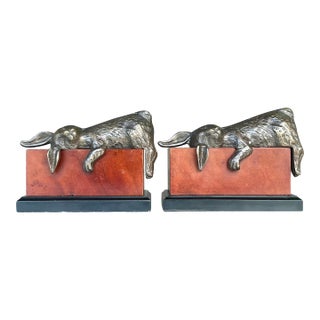 Vintage Boho Patinated Bronze Rabbits on Leather Blocks Bookends - Set of Two For Sale