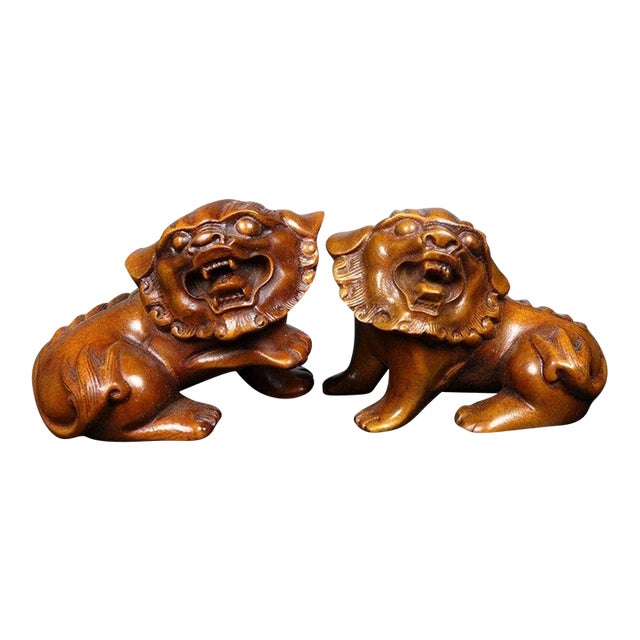 Pair of Vintage Boxwood Guardian Lion Carvings – 2.8" Foo Dog Hand Pieces For Sale