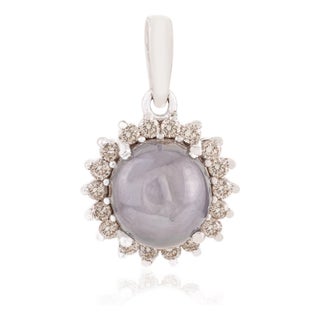 4.65ct Star Sapphire Cabochon & Diamond Sunburst Halo Pendant in 14k White Gold For Sale