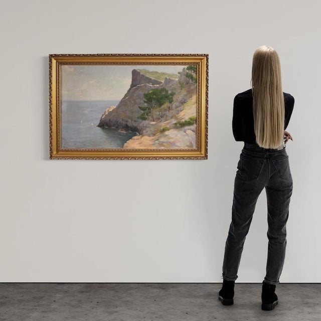 Spanish painting dated 1901. Painting oil on canvas, first canvas, depicting a sea view, a glimpse of a cliff with boats,...