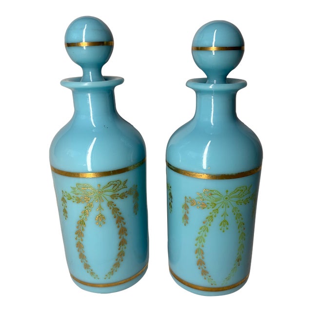 Vintage French Portieux Vallerysthal Blue Opaline Glass Vanity Bottles - Pair For Sale
