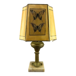 Vintage Bronze Table Lamp With Butterfly Shade and Marble Base For Sale