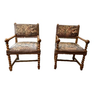 Pair of Early 20th Century Barley Twist Armchairs Covered in Floral Tapestry Style For Sale