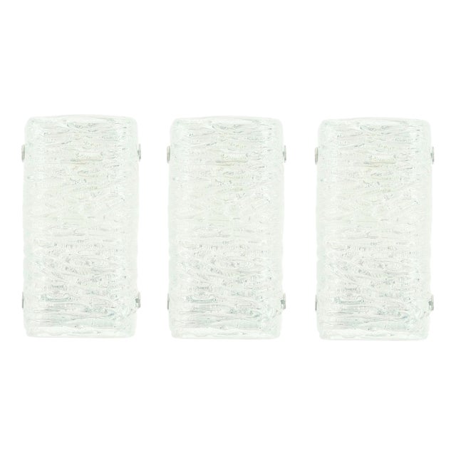 Mid-Century Modern Murano Ice Glass Wall Lights from Kaiser Leuchten, Germany, 1960s, Set of 3 For Sale