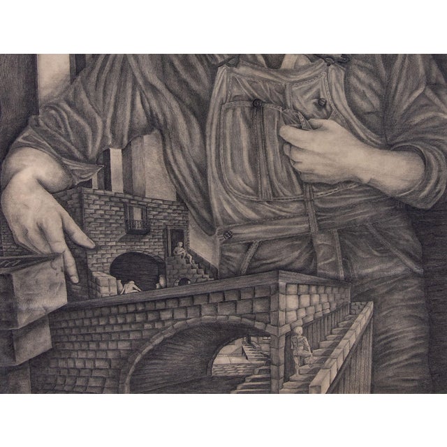 Very large self portrait drawing of an architect and his models. Titled "Builder of Cities". Lots of stairs and men...