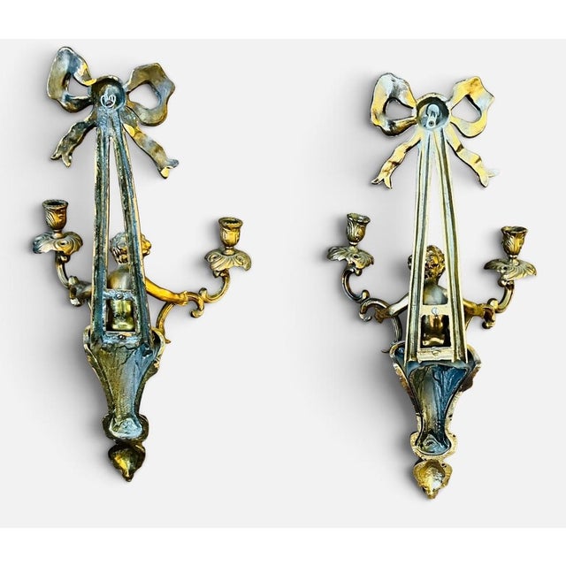 Metal Early 20th Century Pair of Monumental 22” French Louis XVI Style Gilt Bronze Cherub Two-Light Wall Sconces With Ribbon Bows For Sale - Image 7 of 7