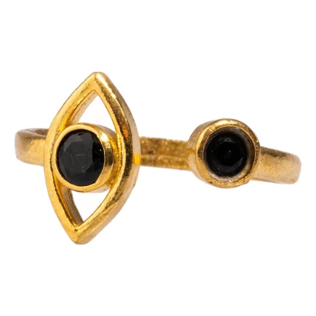 Spiritual Eye Black Onyx Stone & Gold Dainty Stackable Ring, Size 4 For Sale