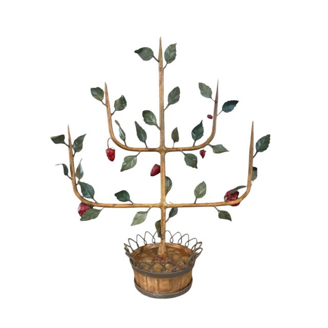 Vintage, Italian tole espalier, espaliered fruit (strawberry) tree. Features an espaliered tree, adorned with ripe, red...