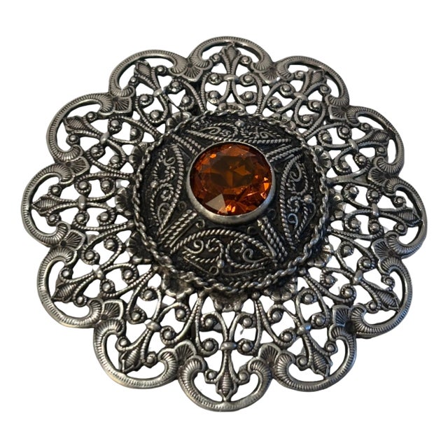 Ottoman Style Turkish Silver Brooch or Veil Pin with Moorish Filigree Lace For Sale