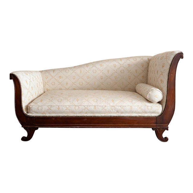 Antique Mahogany Recamier Chaise Lounge With Neoclassical Upholstery For Sale
