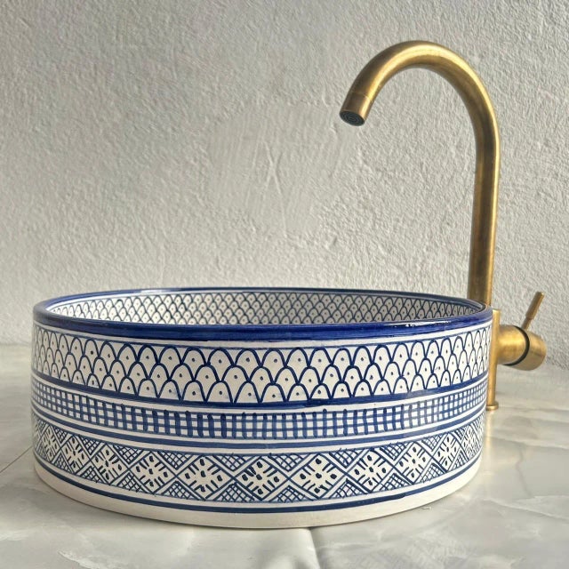 Boho Chic Navy Blue Vessel Sink for Bathroom, Handmade Ceramic Basin With Brass Drain For Sale - Image 3 of 8
