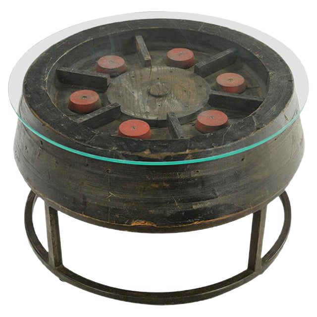 Wooden Coffee Table with Glass Top and Cast Iron Base For Sale