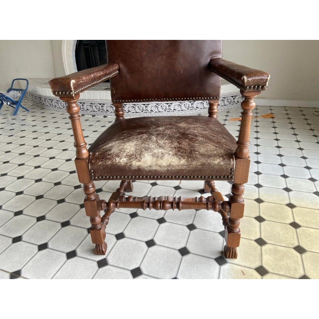 Antique High Back Carved Wood Leather Chair For Sale - Image 4 of 12