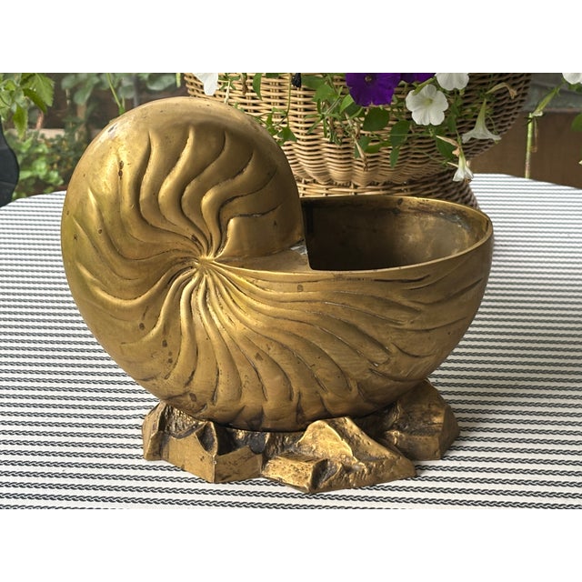 Vintage Large Scale Palm Beach Style Brass Nautilus Shell Planter For Sale - Image 4 of 17