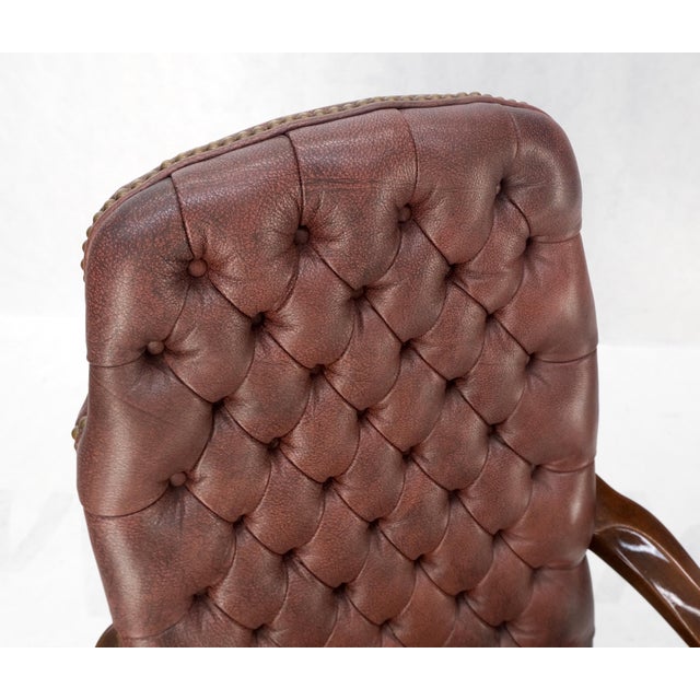 Pair Burgundy Leather Queen Anne Tufted Upholstery Walnut Armchairs MINT For Sale - Image 12 of 17