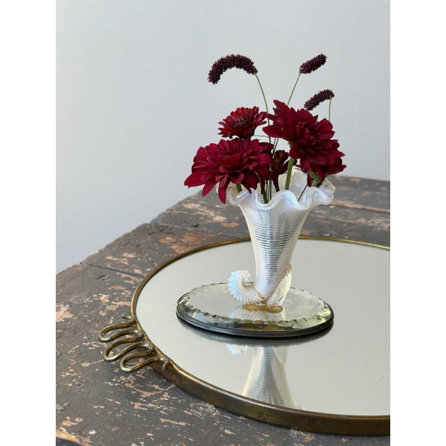 Murano Vintage Opalescent Blown Glass Cornucopia-Style Trumpet Vessels on Mirrored Cut Glass Bases, a Pair, Circa 1930s For Sale - Image 4 of 12