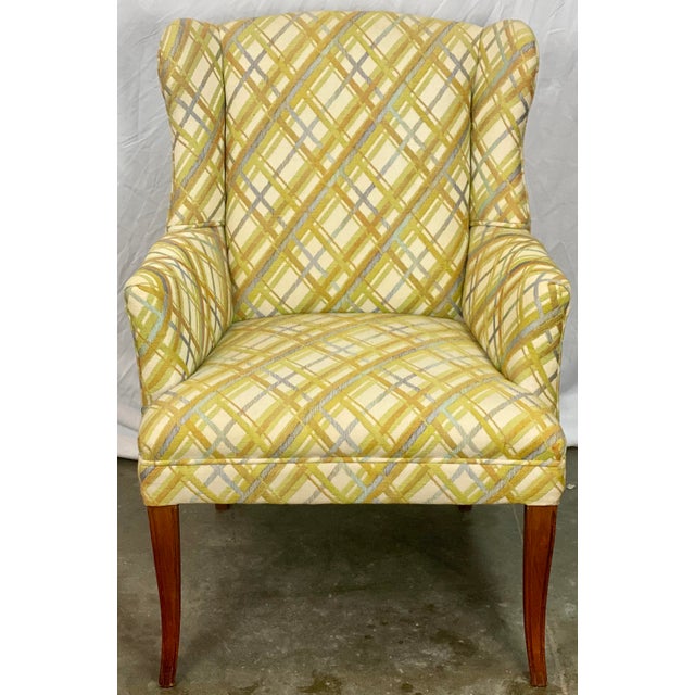 Vintage Mid Century Gray & Yellow Abstract Plaid Petite Wingback Accent