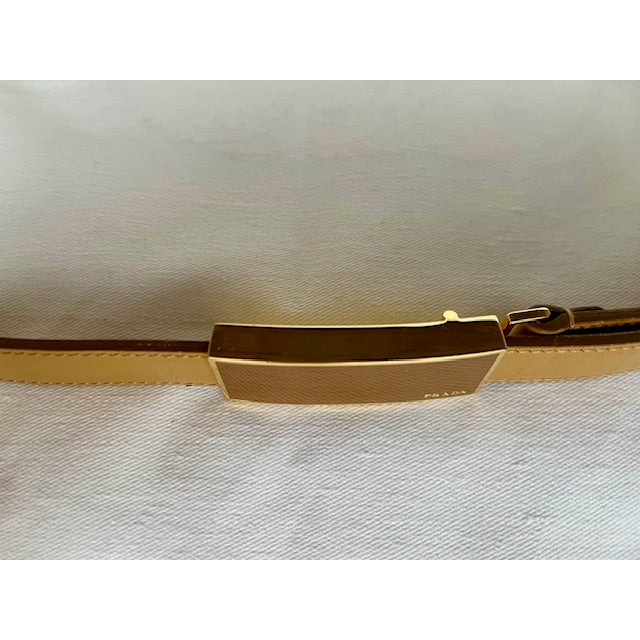 Vintage Prada Leather Belt, Mustard/Gold/Tan, Adjustable Gold & Brown Enamel Buckle, Made in Italy For Sale In Chicago - Image 6 of 12