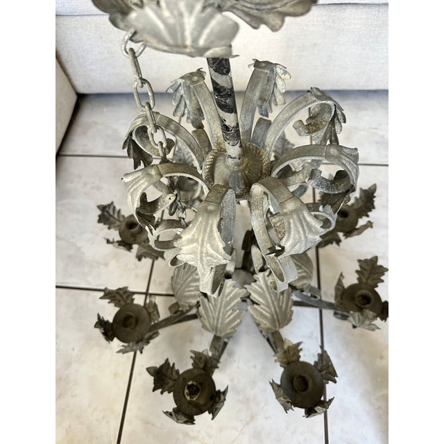 Metal Vintage Patina Wrought Iron Tole Leaf 8 Candle Chandelier 30" Heavy French Style For Sale - Image 7 of 13