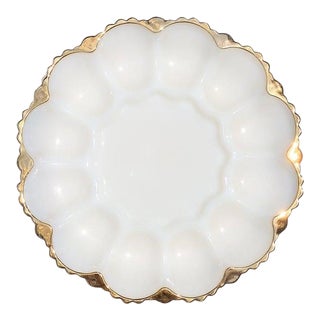 White Round Milk Glass Oyster Muscle or Egg Serving Dish With Gold Details For Sale