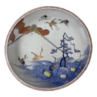 9.5" Asian Style Longevity Cranes Cloud Painted Porcelain Art Bowl For Sale