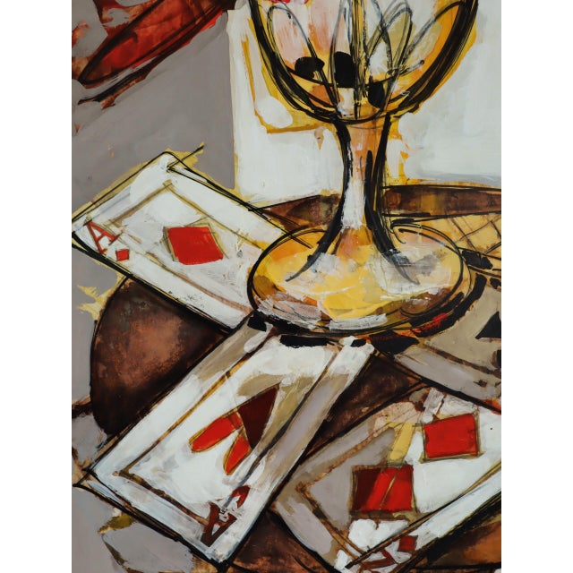 Mid-Century Modern 'Red Blooms & Cards' Vintage Swedish Expressive Original Still Life Oil Painting, Framed For Sale - Image 10 of 12