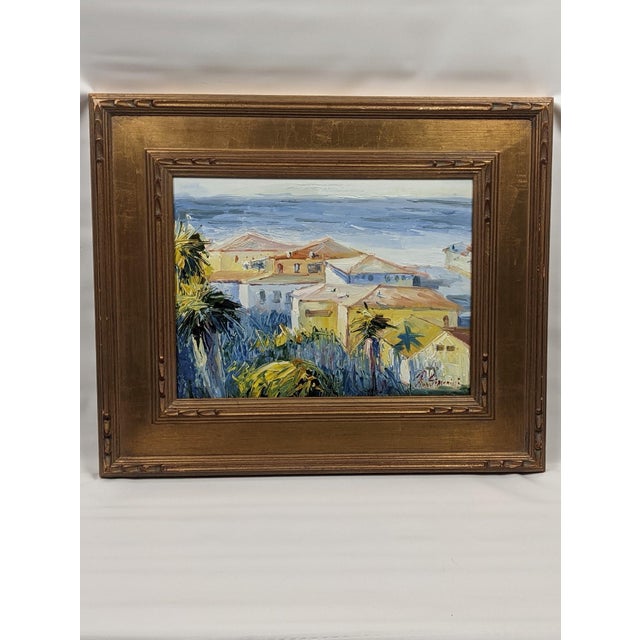 Blue Late 20th Century Ray Simonini Mediterranean Village Oil Painting, Heavy Impasto, Blue & Gold For Sale - Image 8 of 18