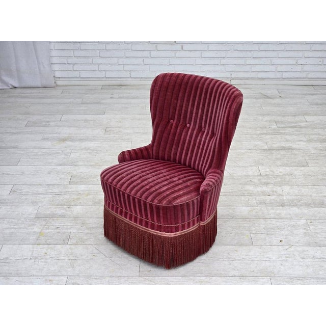 Danish Armchair in Striped Red Furniture Velour, 1960s For Sale - Image 10 of 17