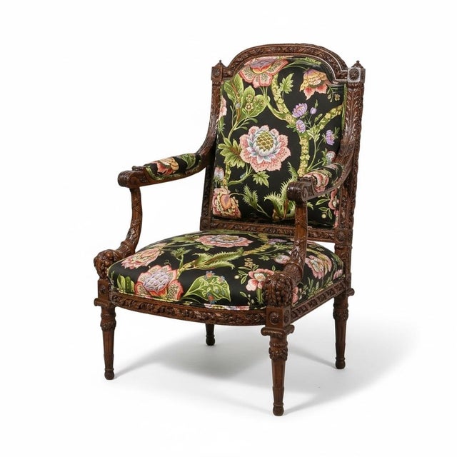 Green 20th-C. French Louis XVI Style Carved Fruitwood Bergere Arm Chair For Sale - Image 8 of 8