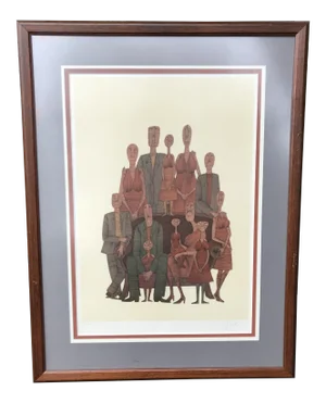 Vintage Mid-Century Abstract Family Portrait Print Block Print Lithograph Signed and Numbered