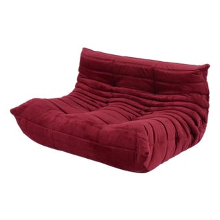 Restored Vintage Togo Loveseat by Ligne Roset in Bordeaux Red Corduroy For Sale
