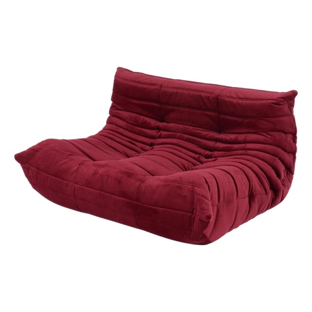 Restored Vintage Togo Loveseat by Ligne Roset in Bordeaux Red Corduroy For Sale