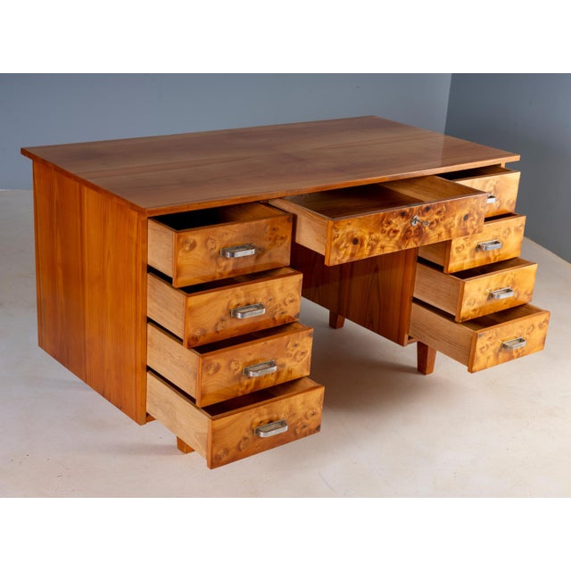 Wood Mid-Century Modern Writing Desk in Burl Veneer with Eight Drawers For Sale - Image 7 of 16