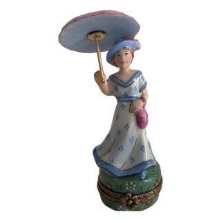 Beautiful Hand Painted Limoges Trinket Box Woman With Blue Dress & Parasol (Retired Limited Edition #17 of 500) For Sale