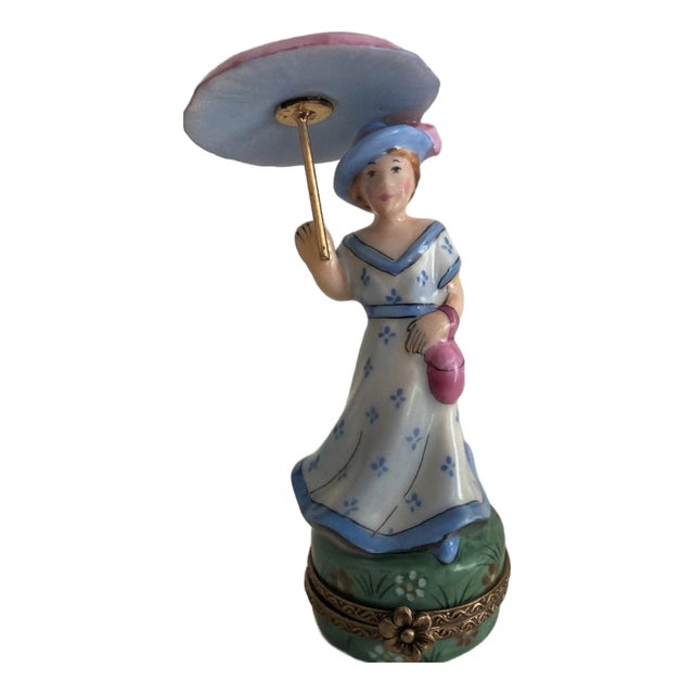 Beautiful Hand Painted Limoges Trinket Box Woman With Blue Dress & Parasol (Retired Limited Edition #17 of 500) For Sale