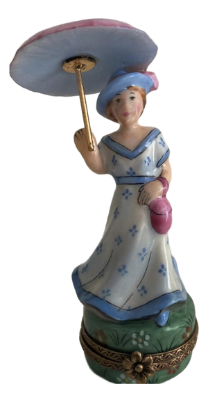 Beautiful Hand Painted Limoges Trinket Box Woman With Blue Dress & Parasol (Retired Limited Edition #17 of 500)